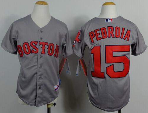 Red Sox #15 Dustin Pedroia Grey Cool Base Stitched Youth MLB Jersey